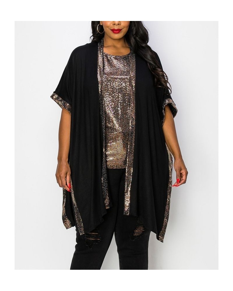 Plus Size Sequin Contrast Kimono Top Silver-Tone Black $28.00 Tops