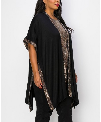 Plus Size Sequin Contrast Kimono Top Silver-Tone Black $28.00 Tops