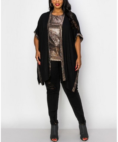 Plus Size Sequin Contrast Kimono Top Silver-Tone Black $28.00 Tops