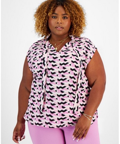 Plus Size Printed Tie-Neck Cap-Sleeve Top Pink Orchid Multi $15.99 Tops