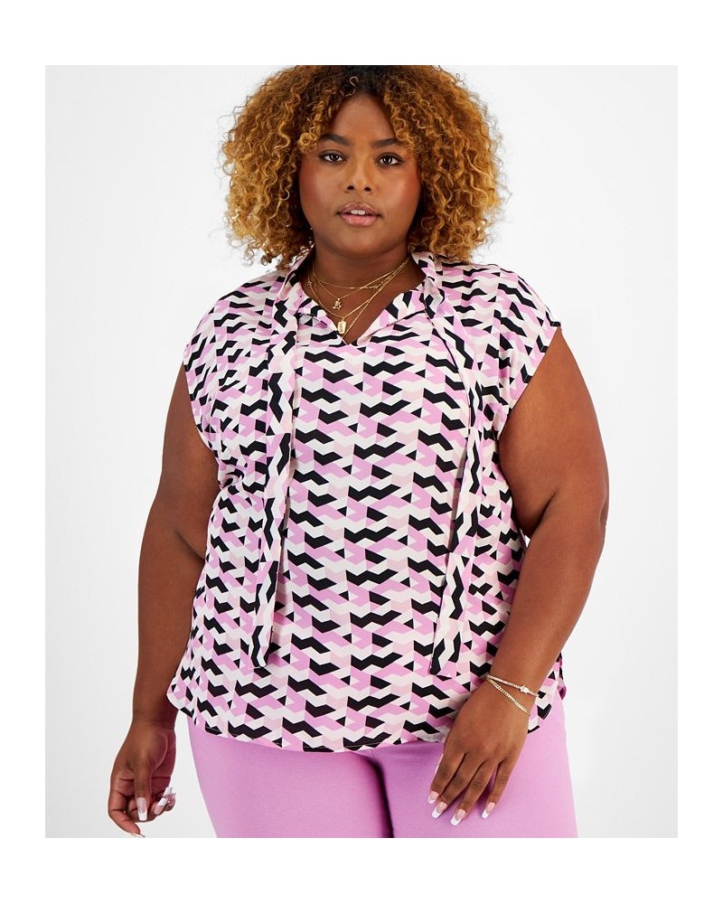 Plus Size Printed Tie-Neck Cap-Sleeve Top Pink Orchid Multi $15.99 Tops