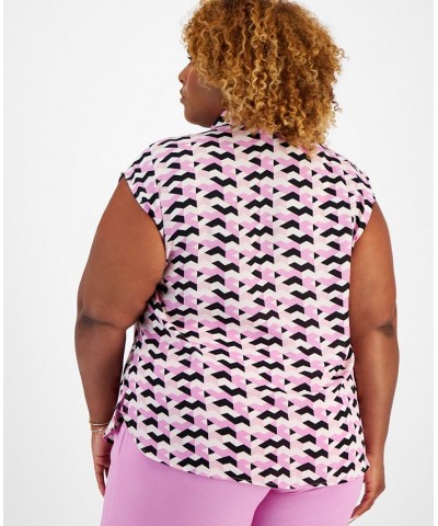 Plus Size Printed Tie-Neck Cap-Sleeve Top Pink Orchid Multi $15.99 Tops