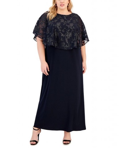 Plus Size Jersey Cape Overlay Gown Blue $39.24 Dresses