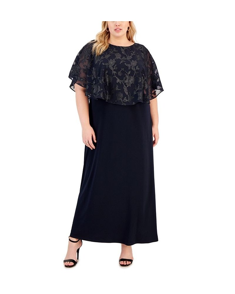 Plus Size Jersey Cape Overlay Gown Blue $39.24 Dresses