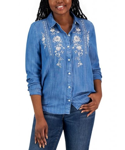 Women's Embroidered Button-Up Shirt Chambray Embroidery $29.16 Tops