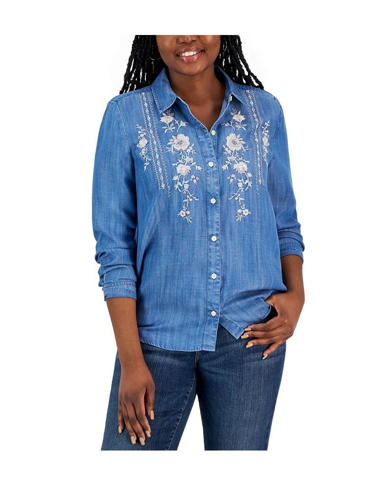 Women's Embroidered Button-Up Shirt Chambray Embroidery $29.16 Tops