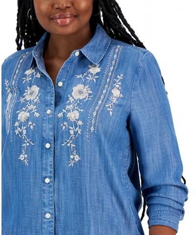 Women's Embroidered Button-Up Shirt Chambray Embroidery $29.16 Tops