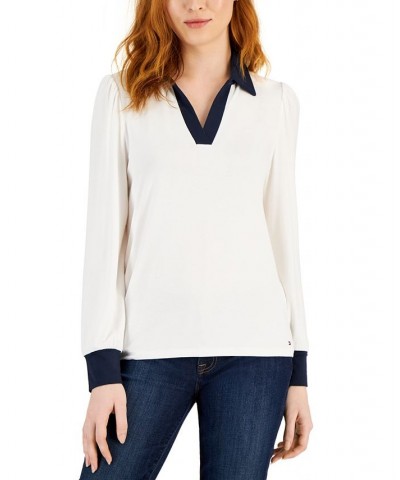 Women's Johnny Collar Puff-Sleeve Blouse Bright White $24.17 Tops