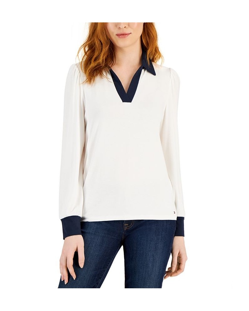 Women's Johnny Collar Puff-Sleeve Blouse Bright White $24.17 Tops