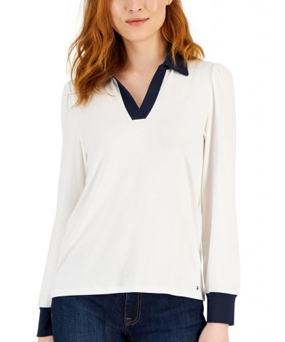 Women's Johnny Collar Puff-Sleeve Blouse Bright White $24.17 Tops