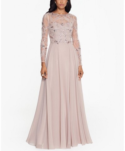 Women's Sequin Embellished Long Sleeve Chiffon Gown Tan/Beige $135.96 Dresses