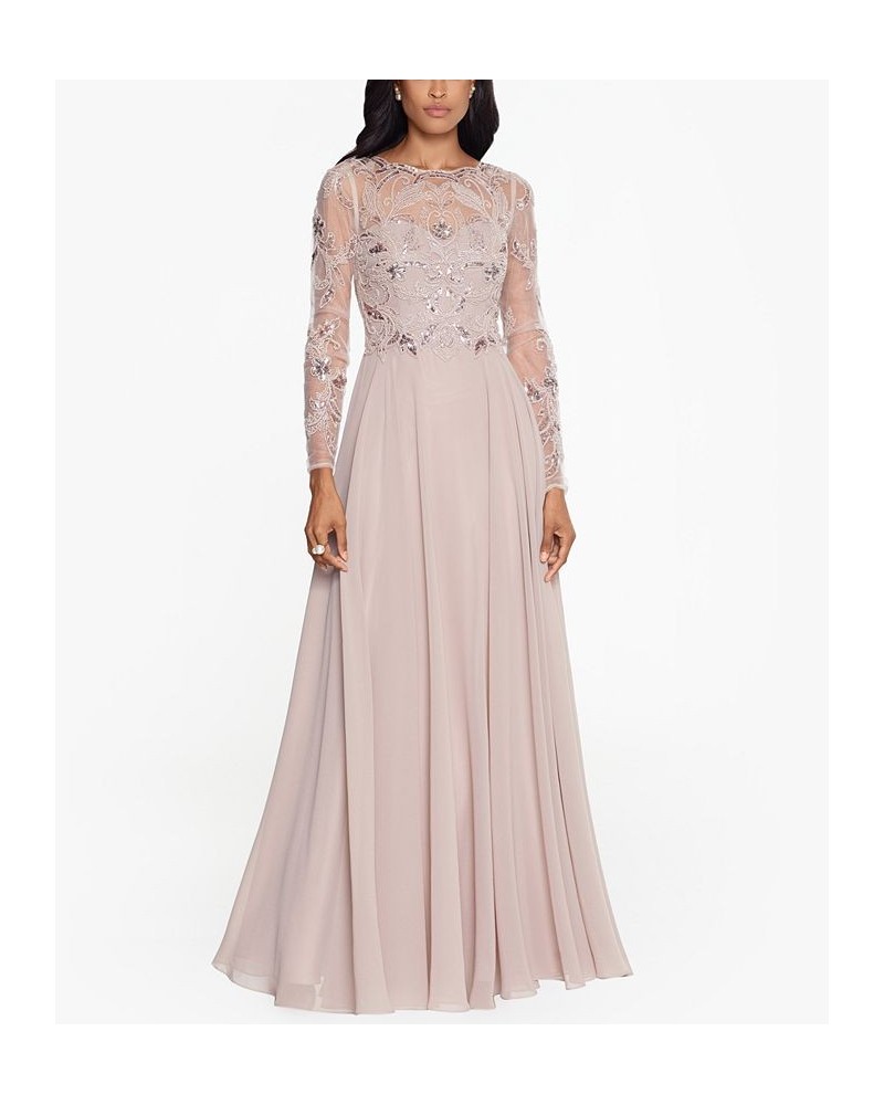 Women's Sequin Embellished Long Sleeve Chiffon Gown Tan/Beige $135.96 Dresses