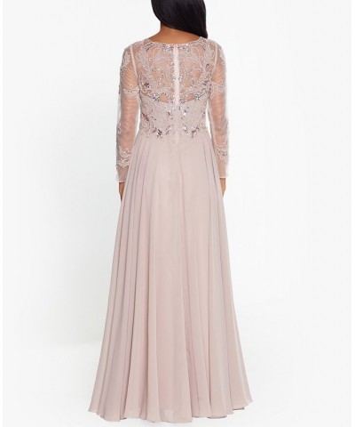 Women's Sequin Embellished Long Sleeve Chiffon Gown Tan/Beige $135.96 Dresses