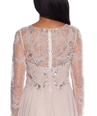 Women's Sequin Embellished Long Sleeve Chiffon Gown Tan/Beige $135.96 Dresses