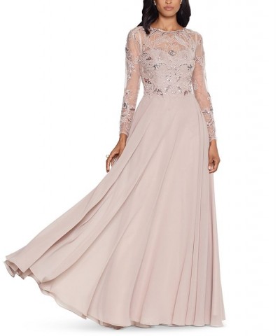 Women's Sequin Embellished Long Sleeve Chiffon Gown Tan/Beige $135.96 Dresses