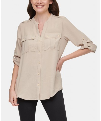 Textured Roll Tab Button Down Shirt Tan/Beige $19.74 Tops