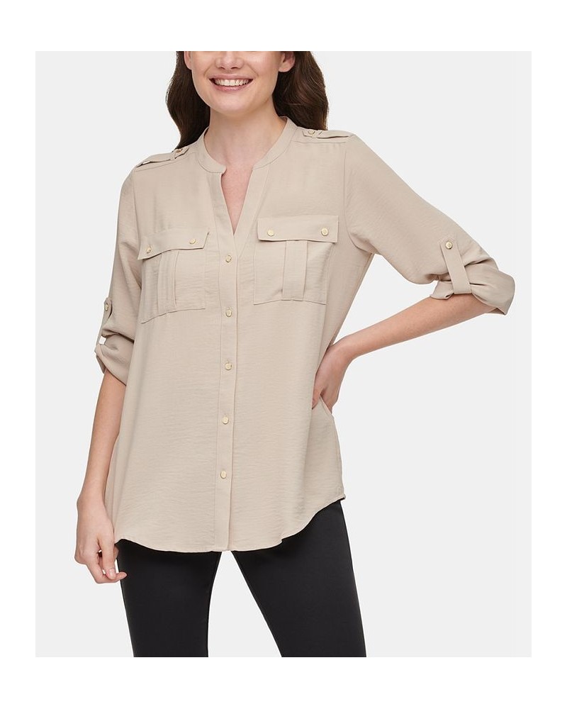 Textured Roll Tab Button Down Shirt Tan/Beige $19.74 Tops