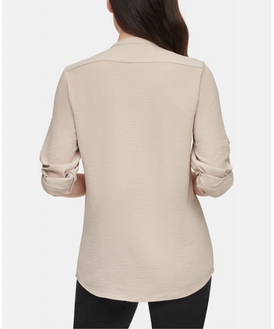 Textured Roll Tab Button Down Shirt Tan/Beige $19.74 Tops