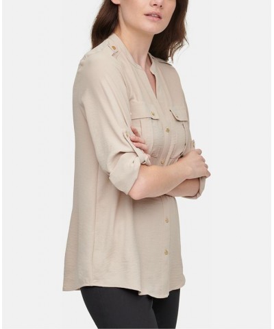 Textured Roll Tab Button Down Shirt Tan/Beige $19.74 Tops