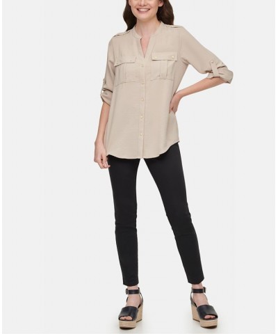 Textured Roll Tab Button Down Shirt Tan/Beige $19.74 Tops