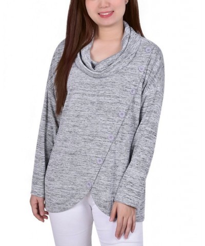 Petite Long Sleeve Cowl Neck Pullover with Buttons Top Gray $13.44 Tops