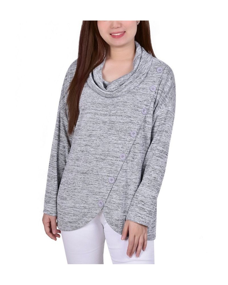 Petite Long Sleeve Cowl Neck Pullover with Buttons Top Gray $13.44 Tops