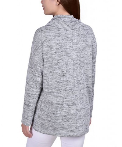 Petite Long Sleeve Cowl Neck Pullover with Buttons Top Gray $13.44 Tops