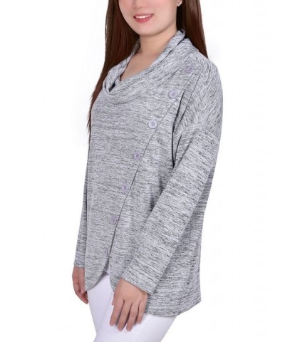 Petite Long Sleeve Cowl Neck Pullover with Buttons Top Gray $13.44 Tops