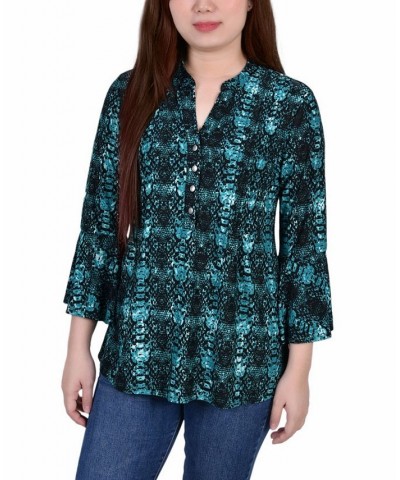 Petite 3/4 Bell Sleeve Printed Pleat Front Y-neck Top Teal Plaid $13.55 Tops