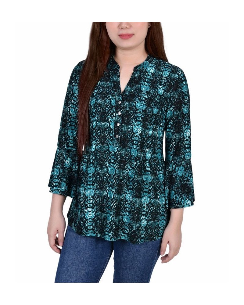 Petite 3/4 Bell Sleeve Printed Pleat Front Y-neck Top Teal Plaid $13.55 Tops