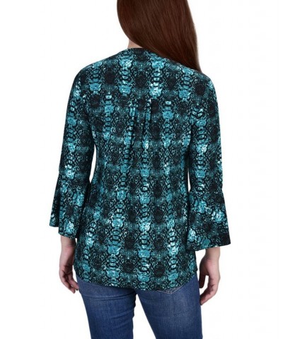 Petite 3/4 Bell Sleeve Printed Pleat Front Y-neck Top Teal Plaid $13.55 Tops