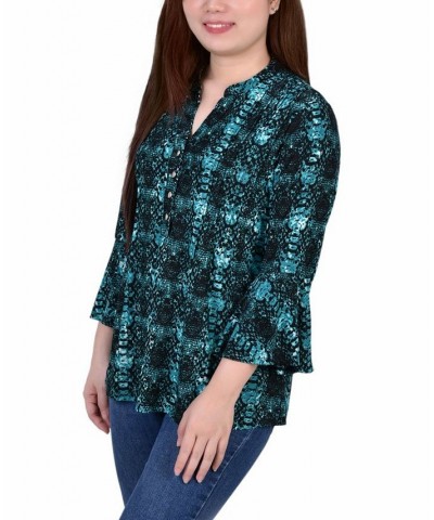 Petite 3/4 Bell Sleeve Printed Pleat Front Y-neck Top Teal Plaid $13.55 Tops