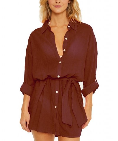 Women's Women's Cotton Shirtdress Cover-Up Brown $52.92 Swimsuits