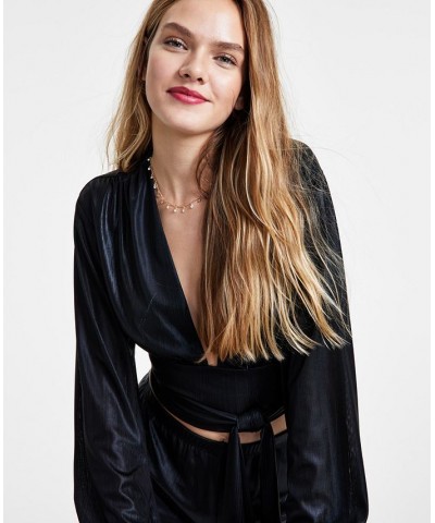 Women's Tie-Waist Long-Sleeve V-Neck Top Black $26.98 Tops