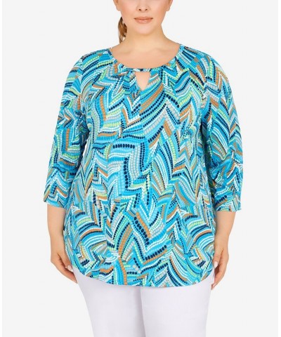 Plus Size Geometric Leaves Puff Print Knit Top Lagoon Multi $17.22 Tops