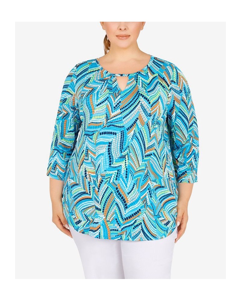 Plus Size Geometric Leaves Puff Print Knit Top Lagoon Multi $17.22 Tops