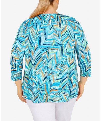 Plus Size Geometric Leaves Puff Print Knit Top Lagoon Multi $17.22 Tops