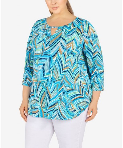 Plus Size Geometric Leaves Puff Print Knit Top Lagoon Multi $17.22 Tops