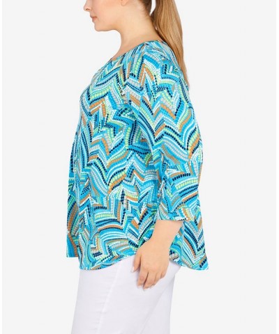 Plus Size Geometric Leaves Puff Print Knit Top Lagoon Multi $17.22 Tops