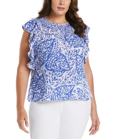 Plus Size Floral Print Ruffle Short Sleeve Smocked Top Amparo Blue $52.47 Tops