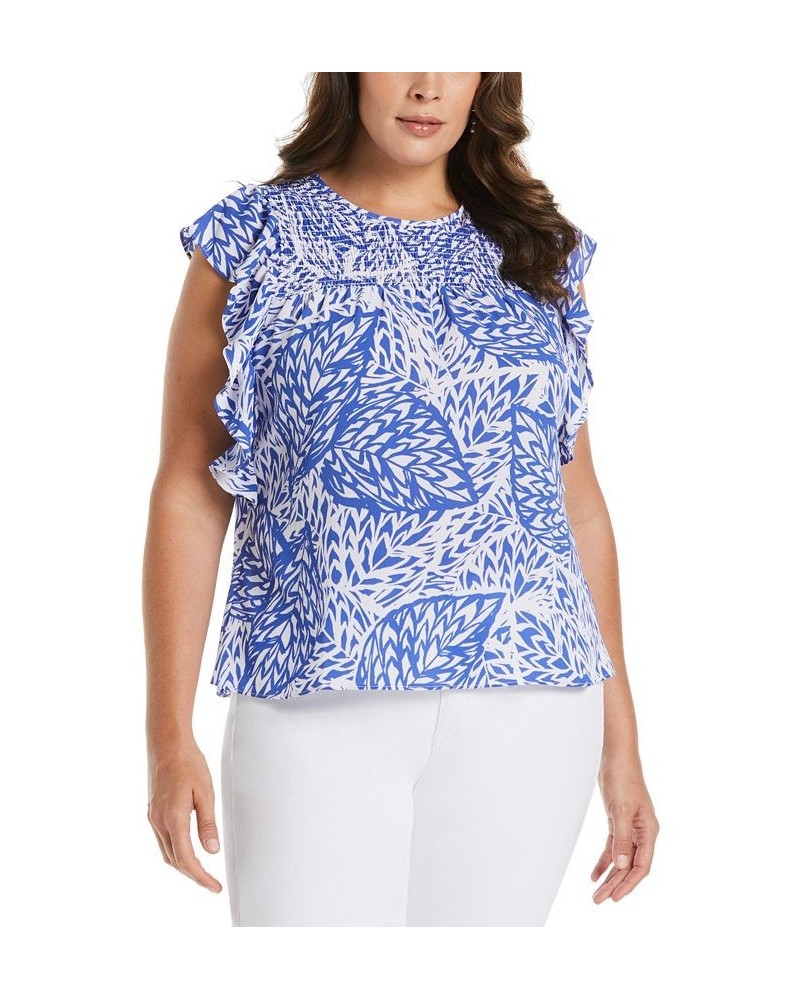 Plus Size Floral Print Ruffle Short Sleeve Smocked Top Amparo Blue $52.47 Tops