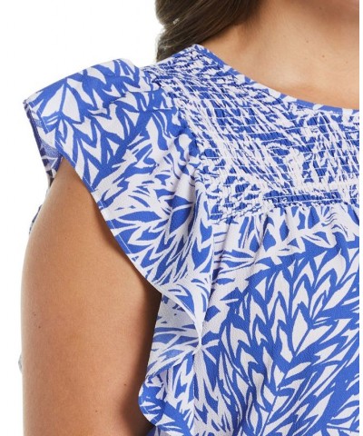 Plus Size Floral Print Ruffle Short Sleeve Smocked Top Amparo Blue $52.47 Tops