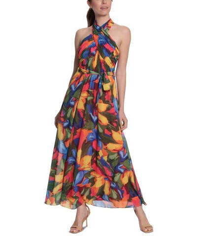 Women's Floral-Print Wrap-Neck Tie-Front Halter Maxi Dress Red/Green $49.20 Dresses