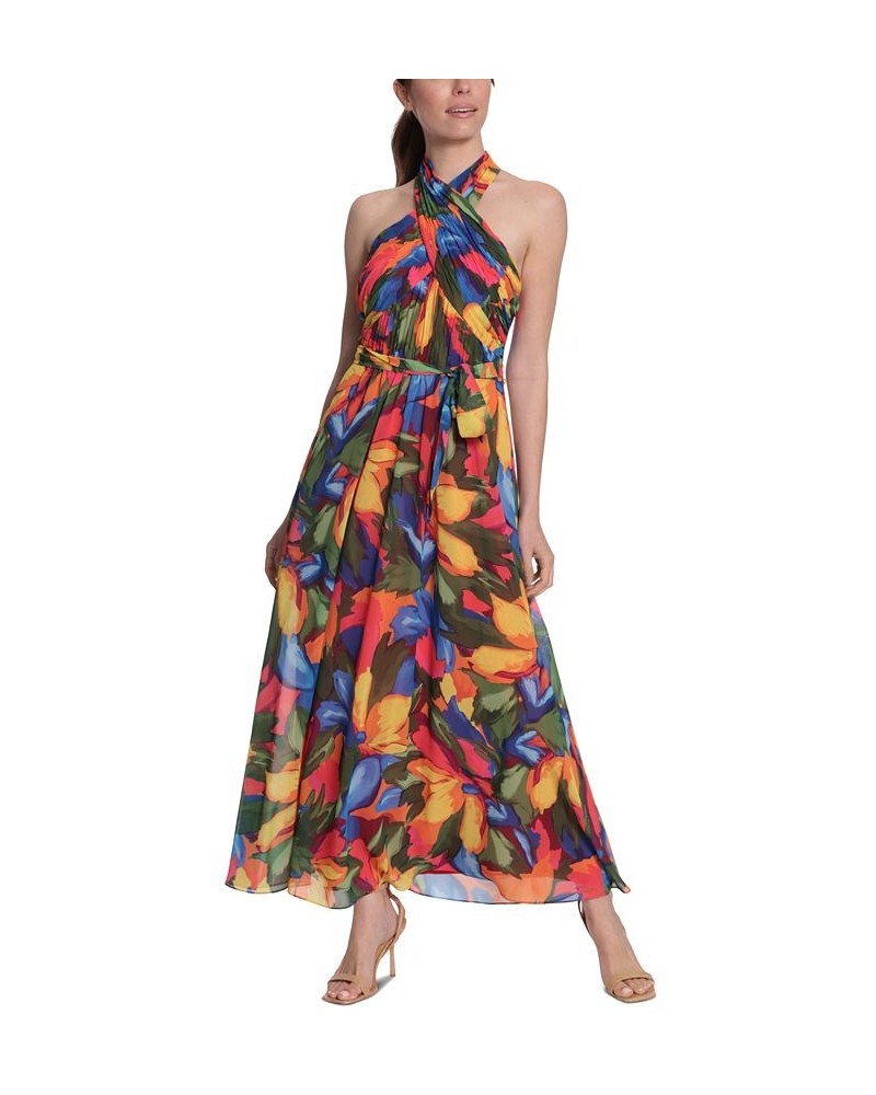 Women's Floral-Print Wrap-Neck Tie-Front Halter Maxi Dress Red/Green $49.20 Dresses