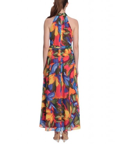 Women's Floral-Print Wrap-Neck Tie-Front Halter Maxi Dress Red/Green $49.20 Dresses