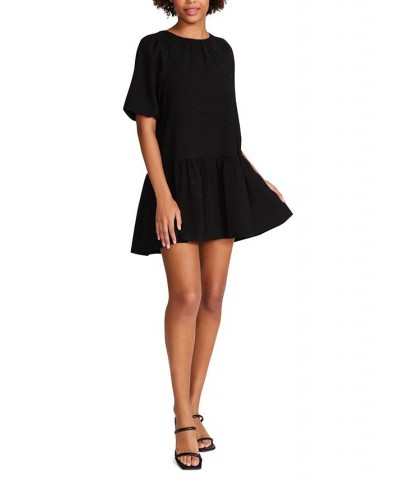 Women's Abrah Textured Puff-Sleeve A-Line Dress Black $48.95 Dresses