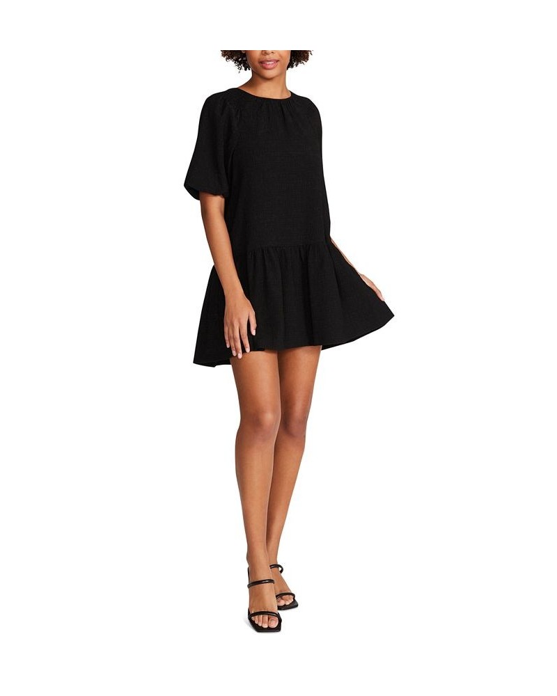 Women's Abrah Textured Puff-Sleeve A-Line Dress Black $48.95 Dresses