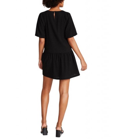 Women's Abrah Textured Puff-Sleeve A-Line Dress Black $48.95 Dresses