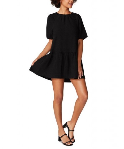 Women's Abrah Textured Puff-Sleeve A-Line Dress Black $48.95 Dresses