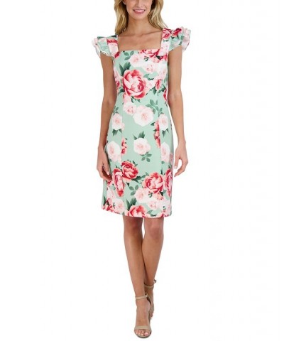 Women's Printed Ruffle-Sleeve Sheath Dress Mint Multi $38.08 Dresses